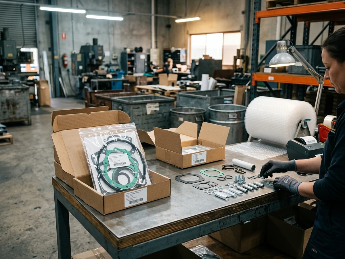 Labelled gasket kits being packed on a dispatch bench