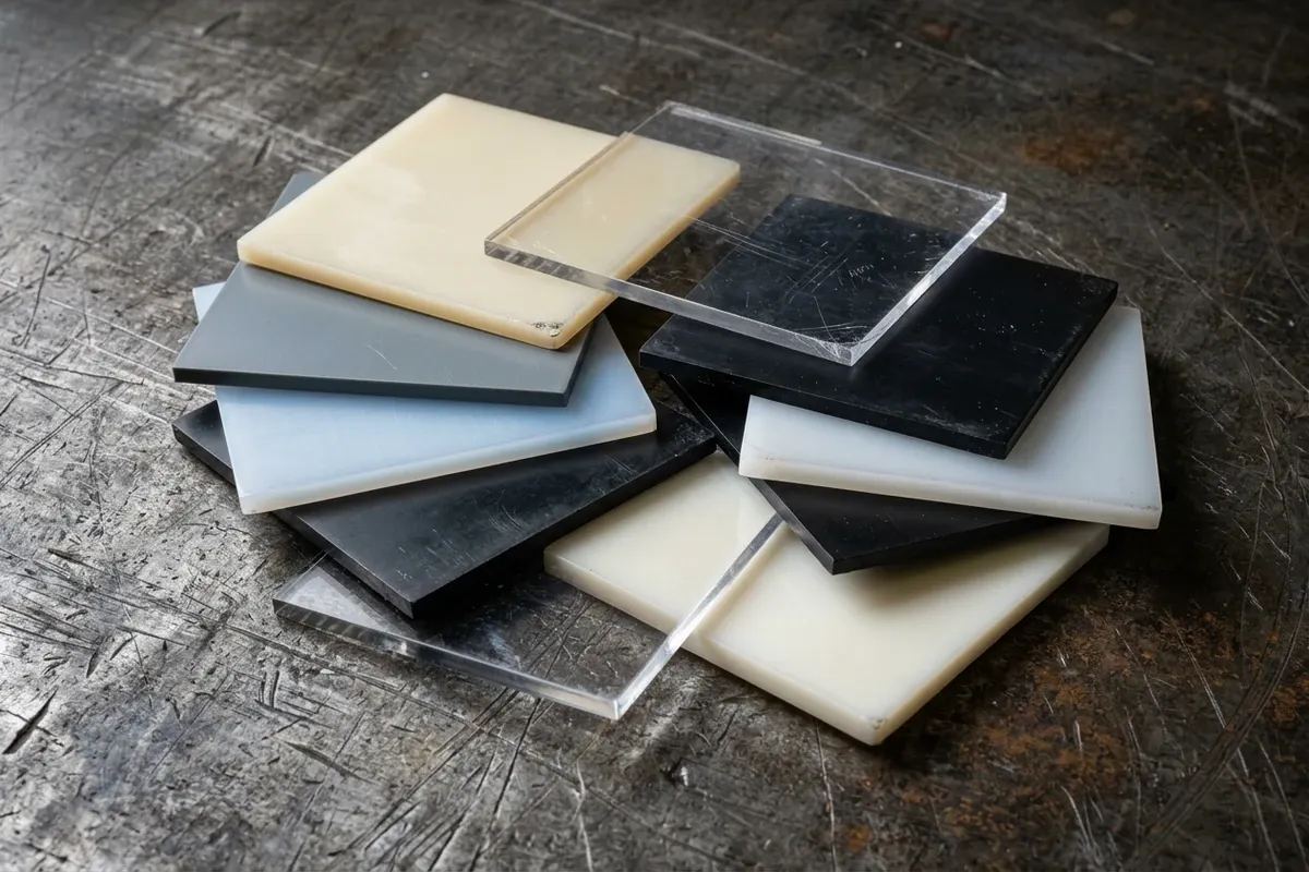 Stacked engineering plastic sheet materials in various colours.