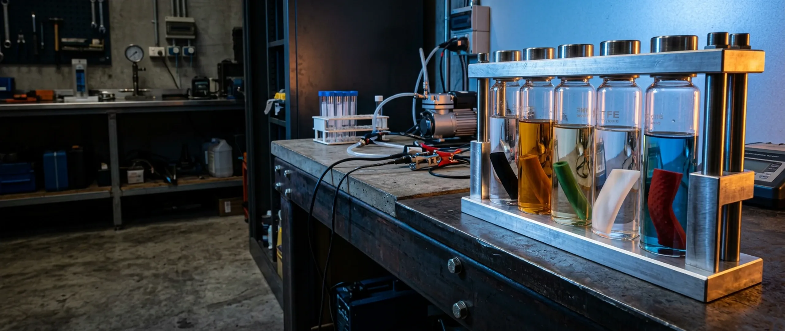 Elastomer samples in test vials on a laboratory bench