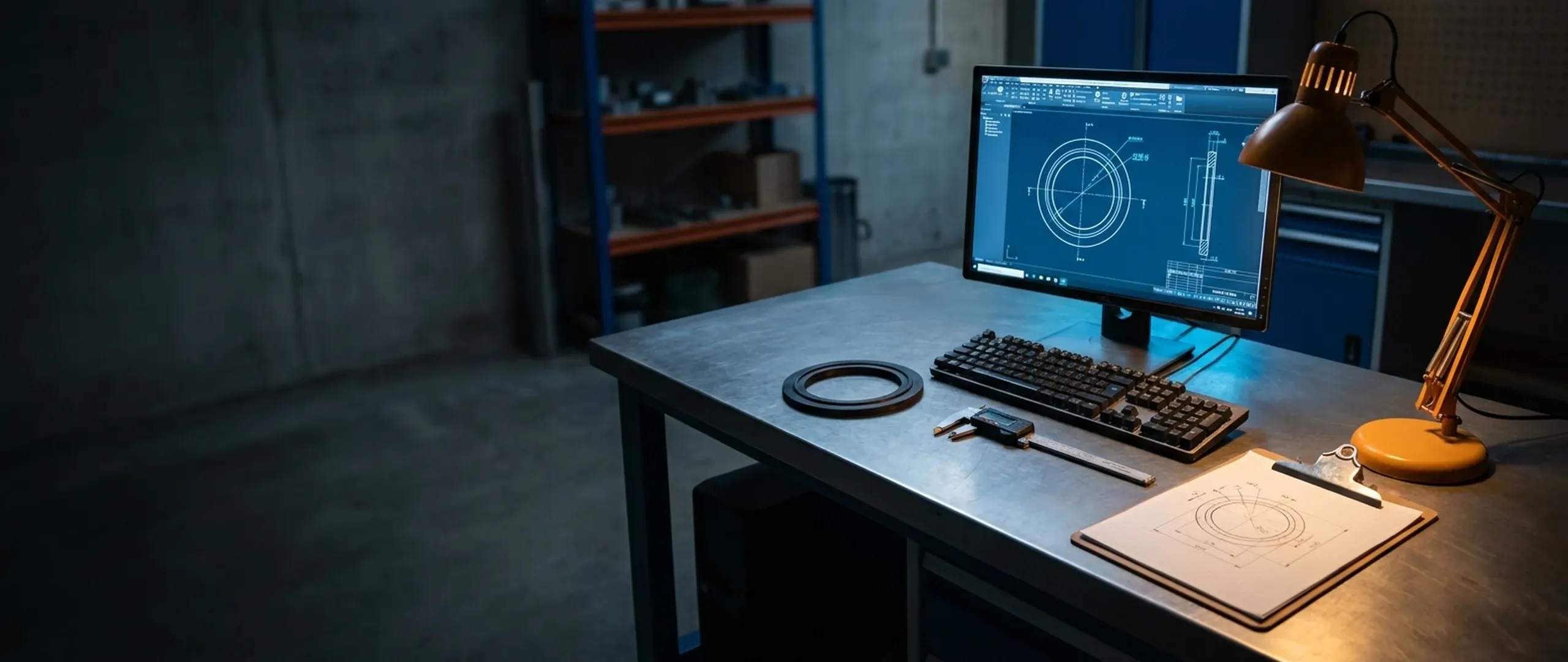 A gasket profile drawing on a CAD workstation beside a sample gasket and calipers.
