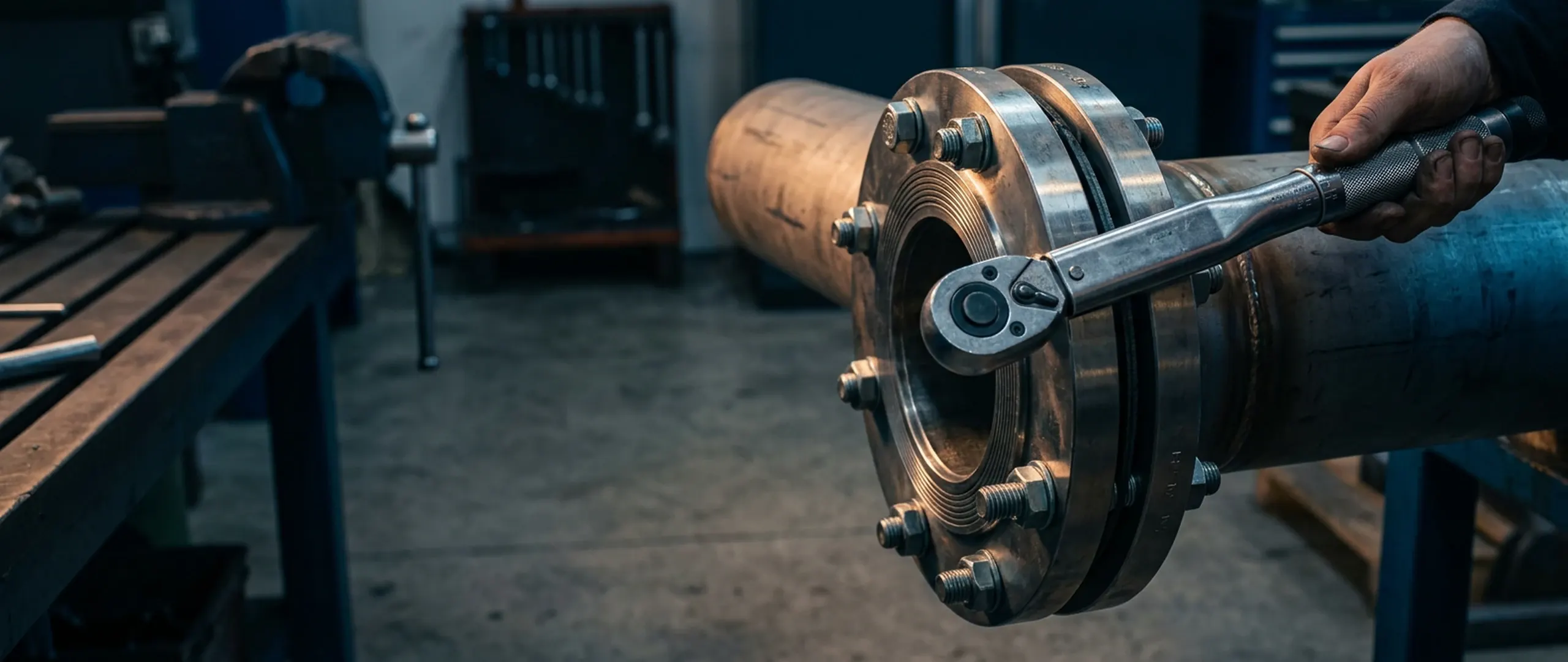 Bolted flange joint being assembled with torque wrench