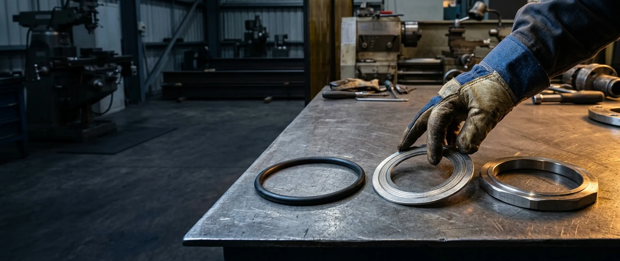 Three gasket types side by side on a steel bench with a gloved hand choosing
