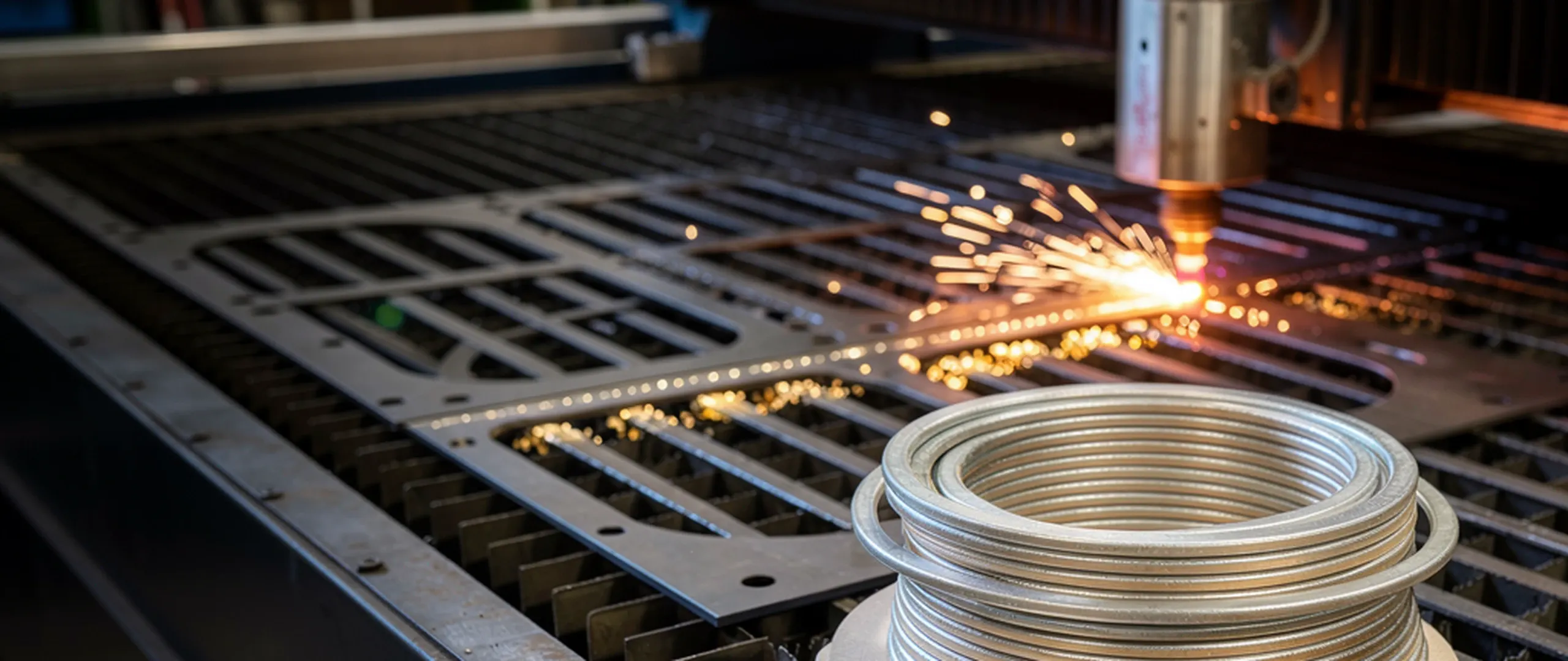 CNC laser gasket cutting table with spiral wound gaskets in foreground