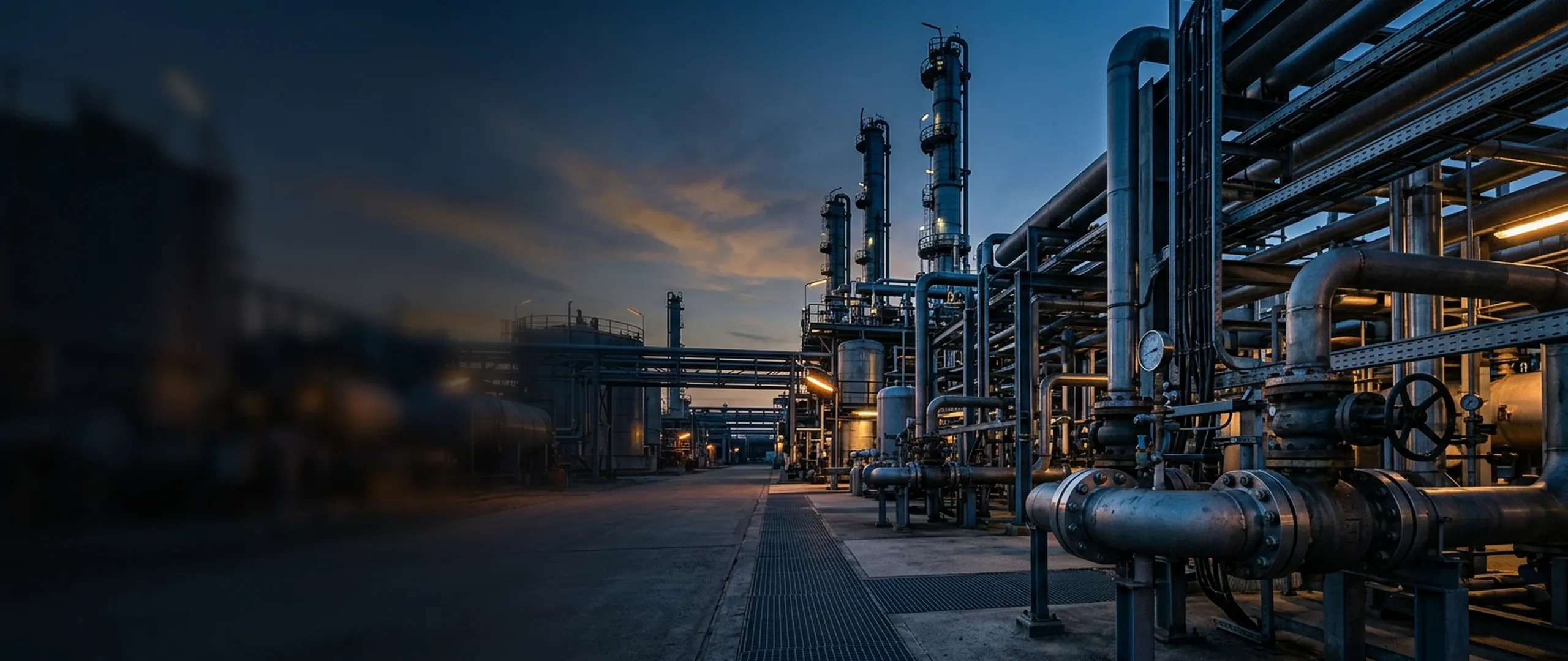 Industrial refinery at dusk with steel pipes and flanged connections