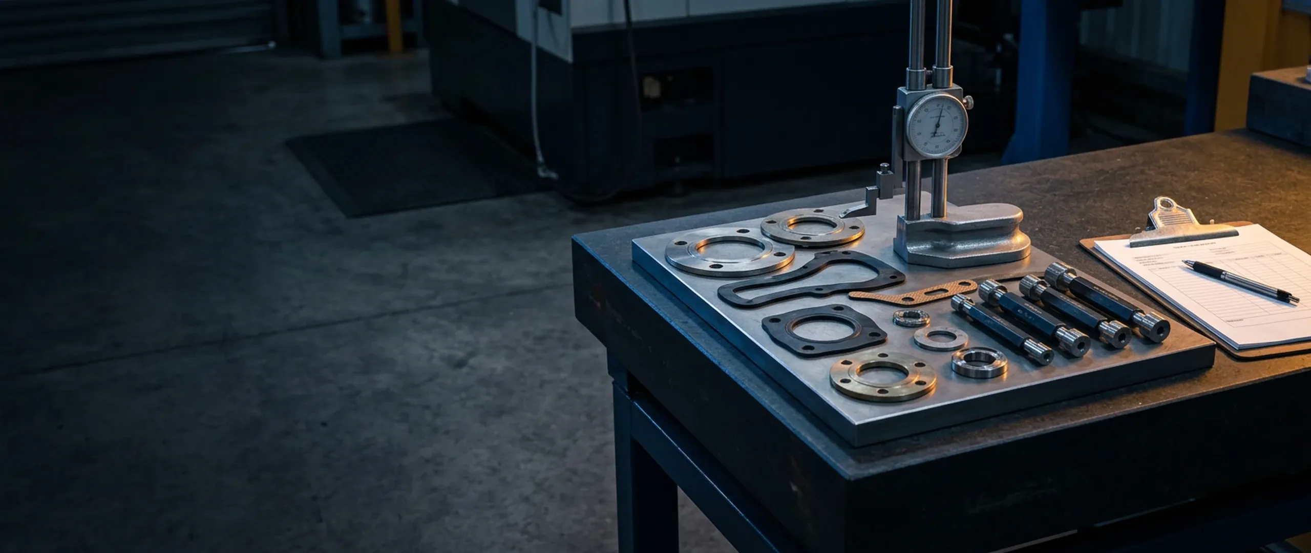 Gaskets on an inspection bench with precision measurement instruments
