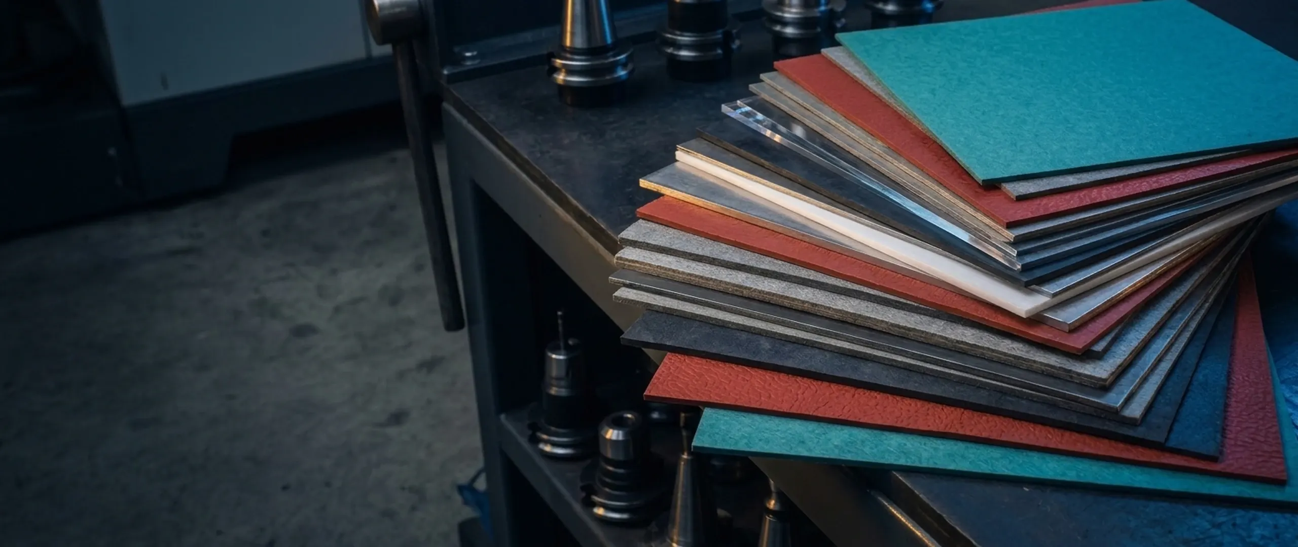 Layered raw gasket sheet materials edge-lit to show cross-sections