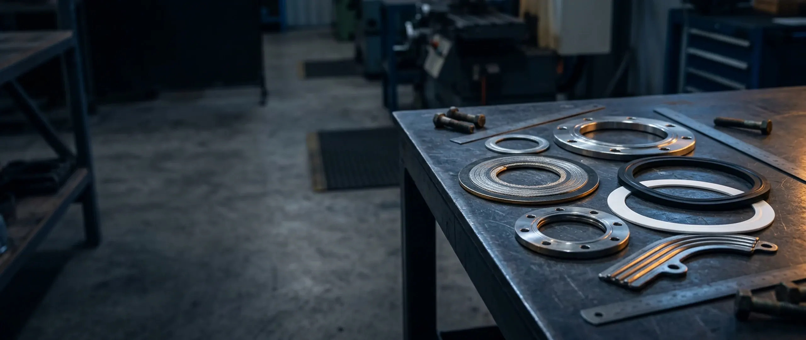 Arranged collection of gasket types on a dark steel surface