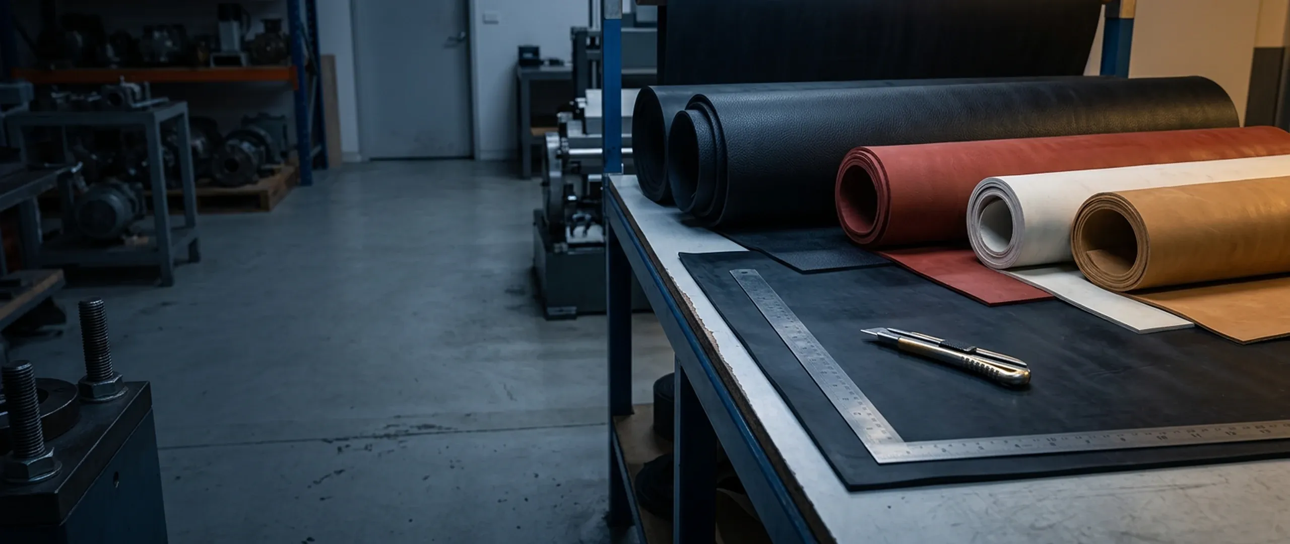 Rolled and flat sheets of different coloured rubber materials on a cutting table