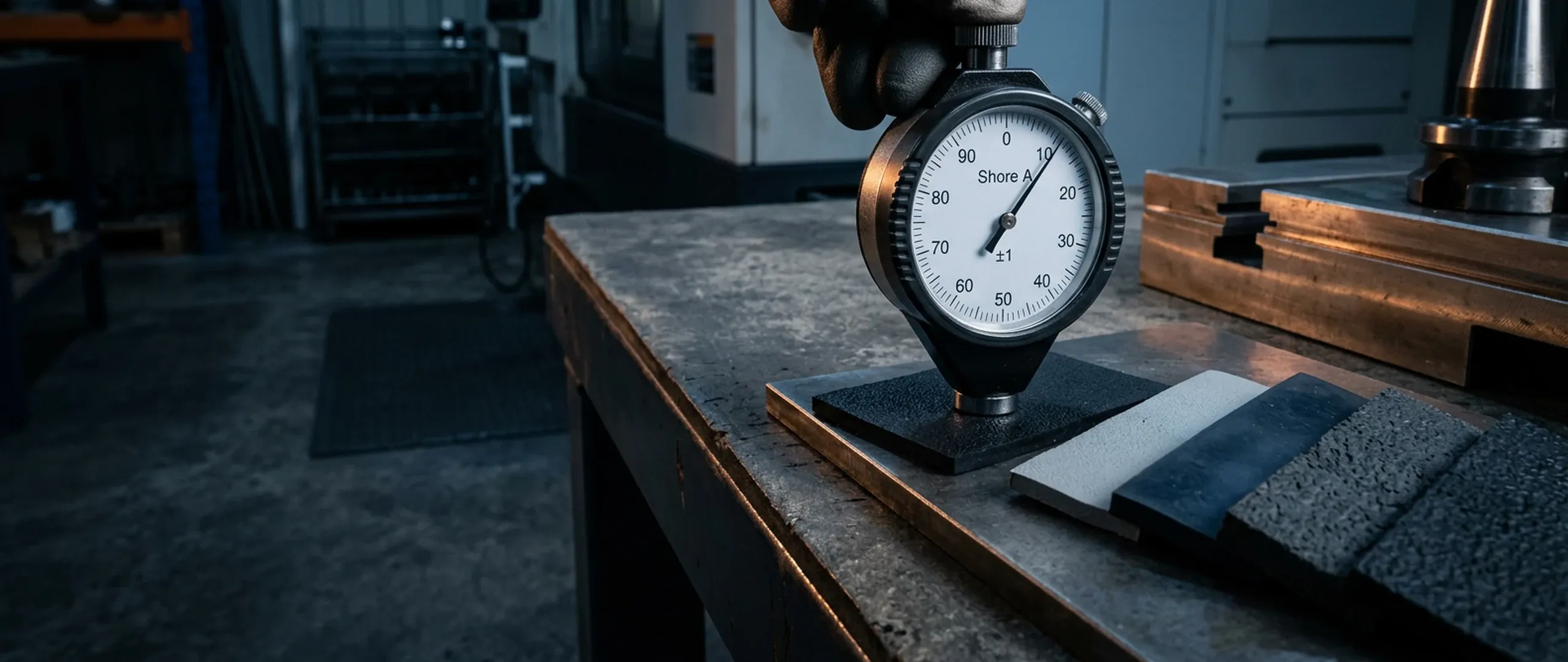 Shore A durometer pressed into a rubber gasket sample