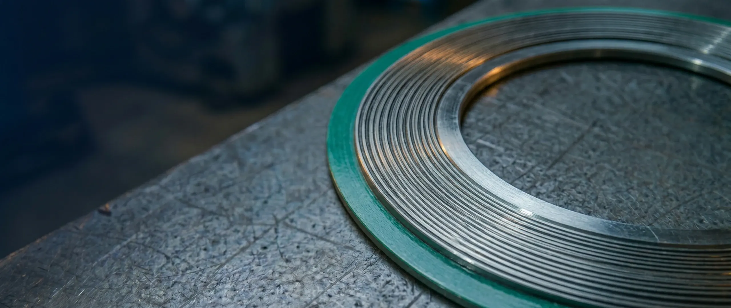 Macro cross-section of a spiral wound gasket showing alternating metal and filler windings