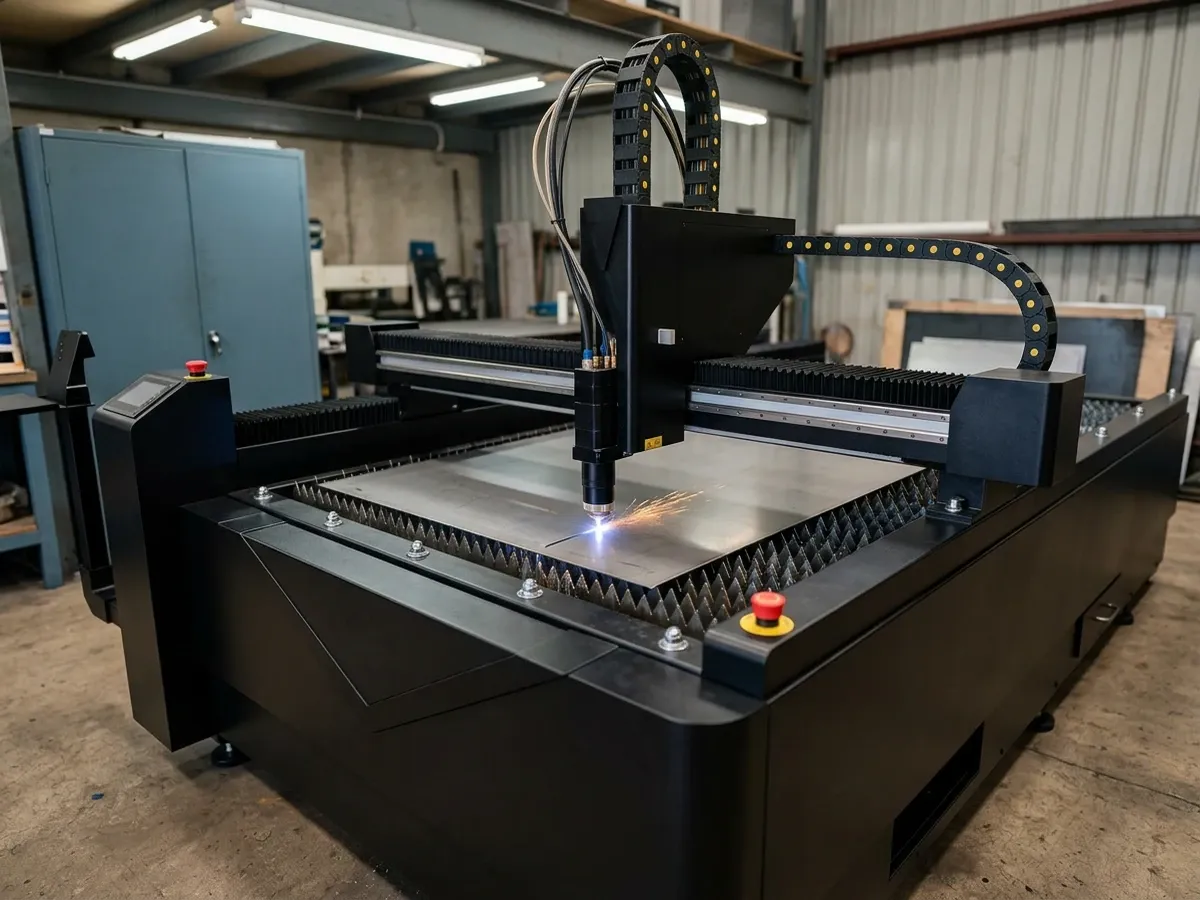Fibre laser cutter cutting a stainless steel sheet
