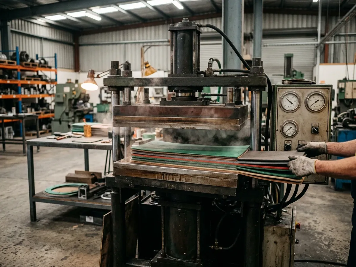 Heated platen lamination press bonding a multi-layer gasket