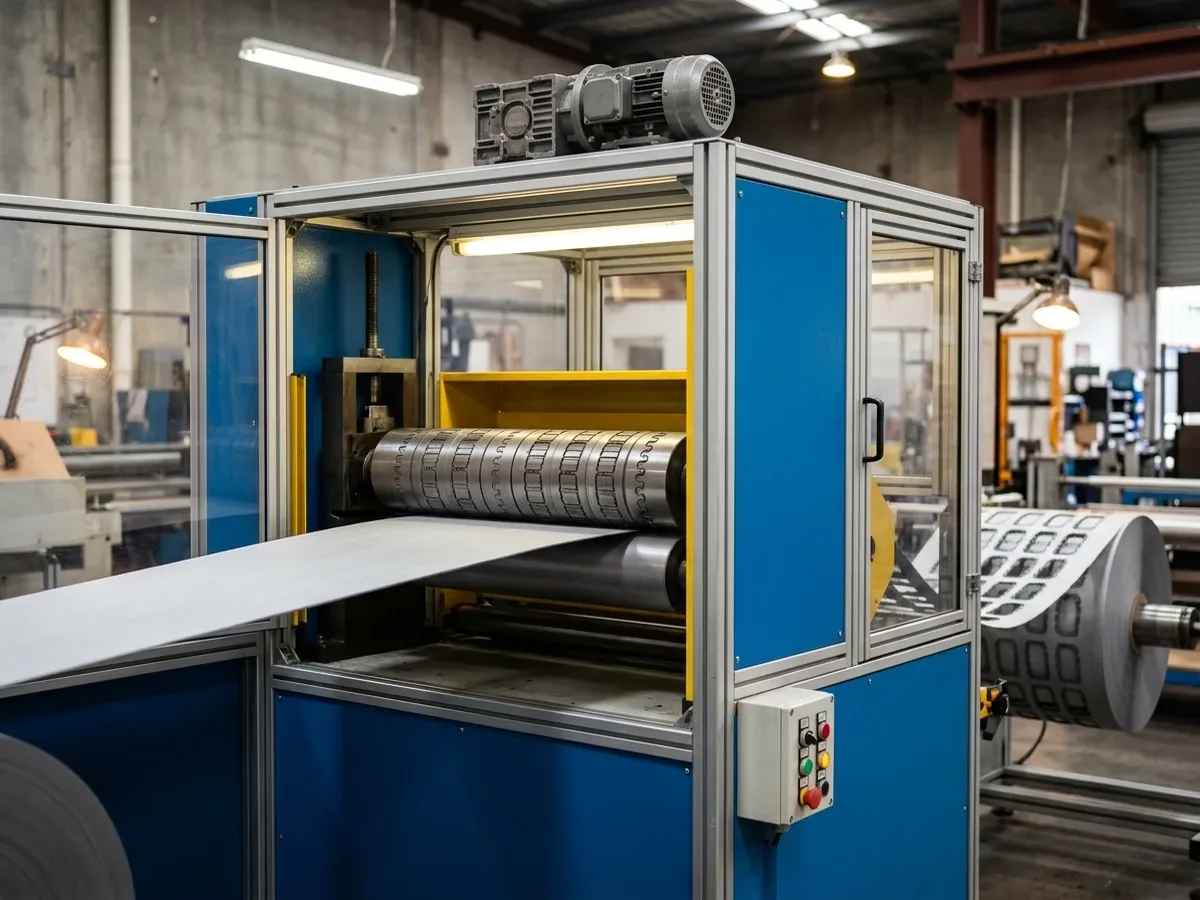 Continuous roller die cutter embossing a foam web