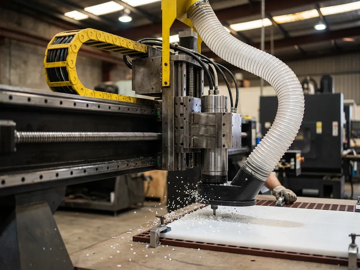 Large-format CNC router cutting an engineering plastic sheet